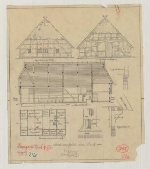 Lenzerwische (Kreis Westprignitz): Bauernhof am Deich [(Rosinscher Hof)]. Bauernhaus (Grundriss Erdgeschoss, Giebelansichten, Schnitt)