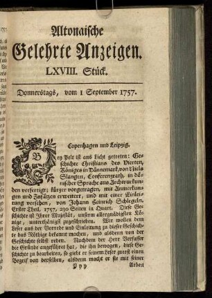 LXVIII. Stück. Donnerstags, vom 1 September 1757
