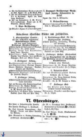 Ehrenbürger, Verzeichniß der Einwohner nach ihren Berufsgeschäften, Verzeichniß der Hauseigenthümer, Straßenverzeichniß.