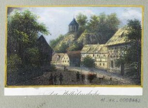 Ansicht der Wilhelmshöhe bei Teplitz, Radierung, 1840 : Die Wilhelmshöhe, [ca. 1840]. - 1 Kunstblatt : kol. Radierung ; 8,0 x 4,8 cm