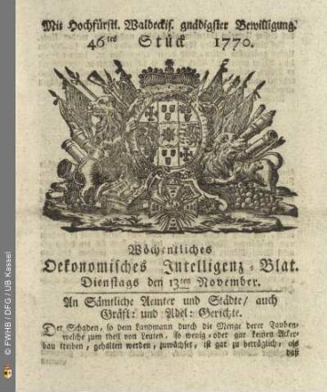 46tes Stueck, Dienstags den 13ten November 1770