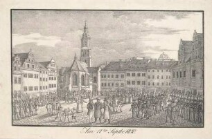 Der Markt in Meißen am 11. September 1830, mit Militärparade
