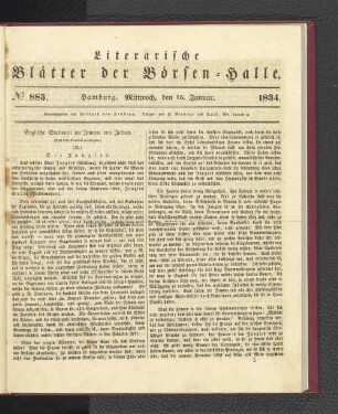 No 885. Hamburg. Mittwoch, den 15. Januar. 1834.: No. 885, Hamburg. Mittwoch, den 15. Januar. 1834.