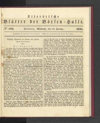 No 885. Hamburg. Mittwoch, den 15. Januar. 1834.: No. 885, Hamburg. Mittwoch, den 15. Januar. 1834.