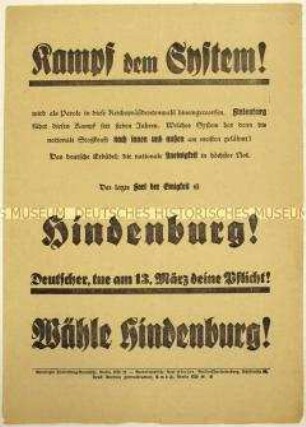 Aufruf der Vereinigten Hindenburg-Ausschüsse zur Wahl Paul von Hindenburg zum Reichspräsidenten 1932