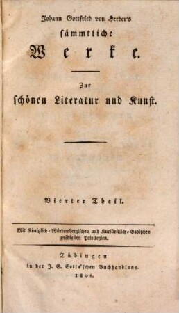 Johann Gottfried von Herder's kritische Wälder oder Betrachtungen über die Wissenschaft und Kunst des Schönen : 1769. 1