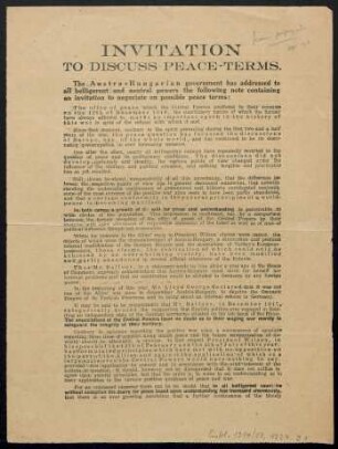 Invitation to discuss peace-terms : the Austro-Hungarian government has adressed to all belligerent and neutral powers the following note containing an invitation to negociate on possible peace terms ...