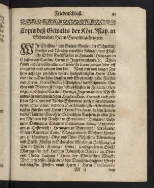 91-93, Copia deß Gewalts der Kön. May. in Schweden Herrn Bevollmächtigten