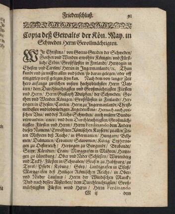 91-93, Copia deß Gewalts der Kön. May. in Schweden Herrn Bevollmächtigten