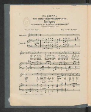 Carneval und seine Grosswürdenträger. Festhymne zur Carnevalsfeier der Gesellschaft "Klapperkasten" in Hamburg, Fastnacht 1873.