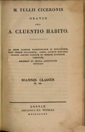M. Tullii Ciceronis oratio pro A. Cluentio Habito