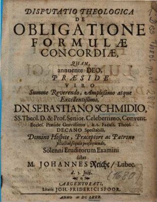 Disputatio Theologica De Obligatione Formulae Concordiae