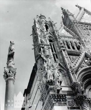 Siena. Die märchenhafte Dom-Fassade daneben Marmorsäule mit der Wölfin