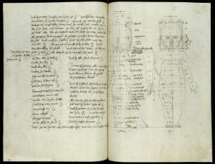 Blatt 85v und 86r: Text und zwei Studien zu den Proportionen eines Säuglings