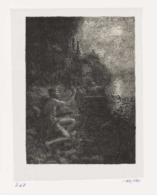 Sitzender Faun am felsigen Ufer bei Mondschein