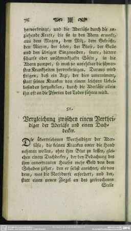 51. Vergleichung zwischen einem Vertheidiger der Aderläße und einem Dachdecker