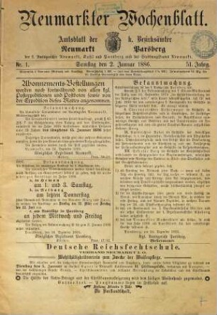 Neumarkter Wochenblatt : nationale Tageszeitung für die südwestliche Oberpfalz ; ältestes Heimatblatt ; Neumarkter Volkszeitung. 1886 = Jg. 51