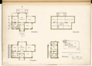 Ateliergebäude Monatskonkurrenz April 1904: Grundriss Keller, Erdgeschoss, Obergeschoss, Dachgeschoss 1:100; Maßstabsleiste