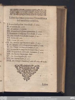 Liber septimus continet Genethliaca vel natalitia carmina.