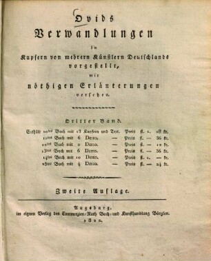 Verwandlungen : in Kupfern von mehrern Künstlern Deutschlands vorgeestellt, mit nöthigen Erläuterungen versehen, 3.. Enthält 10tes mit ... 15tes Buch