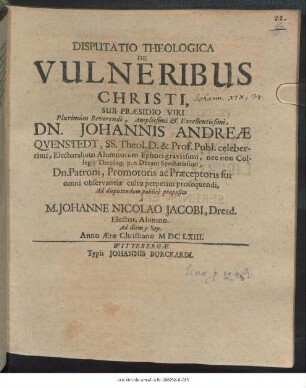 Disputatio Theologica De Vulneribus Christi
