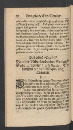 Das zehnde Capitel, Von der Niderländischen Krieges-Macht zu Wasser, und Lande, Einkünfften der Republicque, und Müntzen