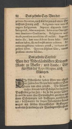 Das zehnde Capitel, Von der Niderländischen Krieges-Macht zu Wasser, und Lande, Einkünfften der Republicque, und Müntzen