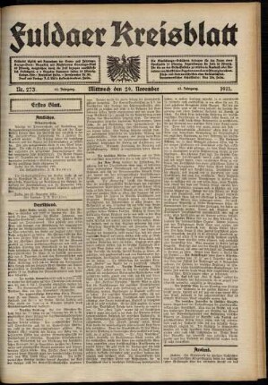 Erste Ausgabe vom Mittwoch, den 29. November 1911.