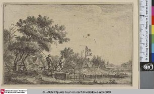 [Drei Angler auf einer kleinen Brücke; Three fisherman on a small bridge]