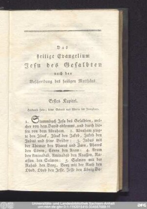 Das heilige Evangelium Jesu des Gesalbten nach der Beschreibung des heiligen Matthäus.
