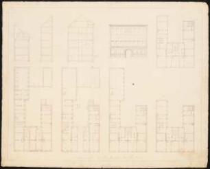 Viergeschossiges Mietshaus mit zwei Seitenflügeln: Entwurfszeichnung, Vorderansicht, Schnitte, Grundriss Keller-, Erd- und Obergeschosse