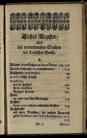 Erstes Register, über die vornehmsten Sachen der Teutschen Poesie