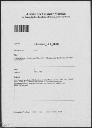 Gossner Mission, Arbeitszentrum Mainz 1989-1992 Allgemeiner Schriftwechsel,