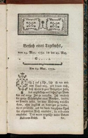 Versuch eines Tagebuchs, vom 23. May, 1759. bis den 29. May.