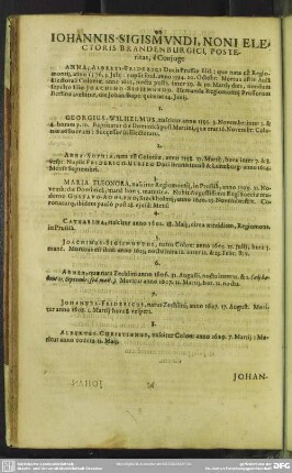 Johannis-Sigismundi, Noni Electoris Brandenburgici, Posteritas, e[x] Coniuge ...