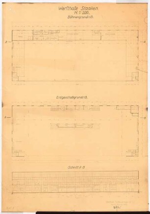 Werfthalle, Berlin-Staaken: Grundrisse, Schnitt 1:500