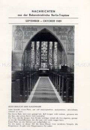 Nachrichtenblatt der Bekenntniskirche Berlin-Treptow mit dem Veranstaltungsplan für September/Oktober 1989