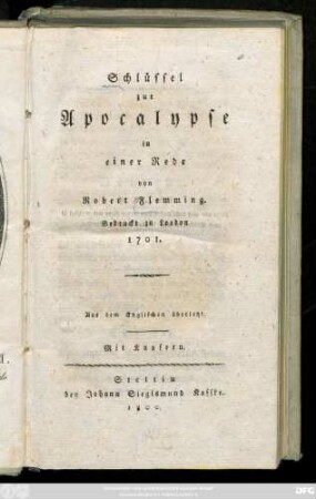 Schlüssel zur Apocalypse : Aus dem Englischen übersetzt. Mit Kupfern