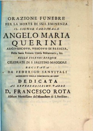Orazione funebre per la morte di ... Ang. M. Querini