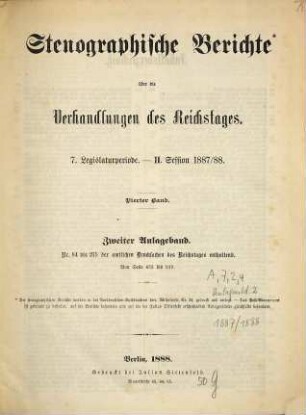Verhandlungen des Reichstages. Stenographische Berichte. 104. 1887/88