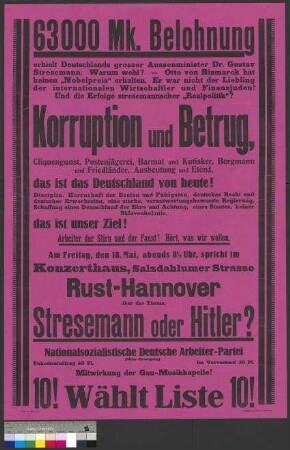 Plakat der NSDAP zu einer Wahlkundgebung am 18. Mai 1928 in Braunschweig
