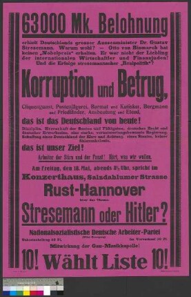 Plakat der NSDAP zu einer Wahlkundgebung am 18. Mai                                         1928 in Braunschweig
