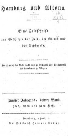 5.1806,3: Hamburg und Altona : eine Zeitschr. zur Geschichte d. Zeit, d. Sitten u.d. Geschmaks