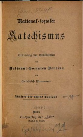 National-sozialer Katechismus : Erklärung d. Grundlinien d. National-Sozialen Vereins. [Umschlagt.]
