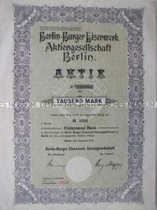 Aktie der Berlin-Burger Eisenwerk Aktiengesellschaft über 1000 Mark