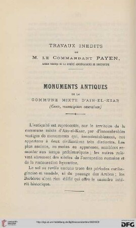 Sér. 3: Travaux inedits de M. le Commandant Payen : monuments antiques de la commune mixte d'Ain-el-Ksar (Casae, municipium casensium)