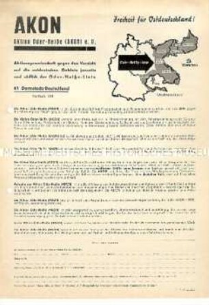 Propagandaflugblatt mit Mitgliederwerbung der Aktion Oder-Neiße (AKON) e.V.