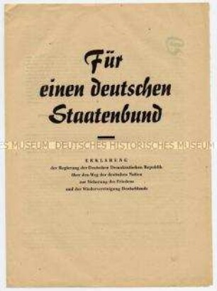 Sonderdruck der Erklärung der Regierung Grotewohl gegen Remilitarisierung der Bundesrepublik, für Konföderation der deutschen Staaten auf dem Weg zur Wiedervereinigung