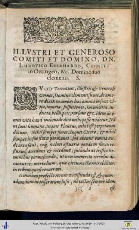 Illustri et Generoso Comiti et Domino, Dn. Ludovico-Eberhardo, Comiti in Oetingen…