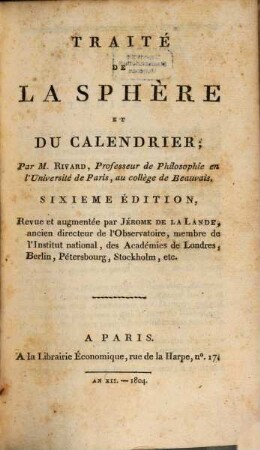 Traité De La Sphère Et Du Calendrier